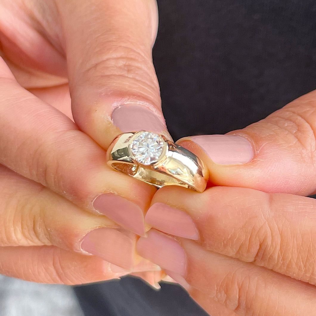 14k Solid Yellow Gold Round Cut Moissanite Engagement Ring Semi Bezel Set, Bridal, Wedding 0.90ct