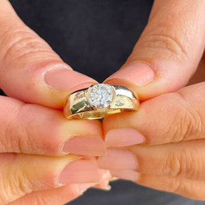 14k Solid Yellow Gold Round Cut Forever One Moissanite Engagement Ring Semi Bezel Set, Bridal, Wedding 0.90ct