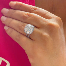Load image into Gallery viewer, Large 5.70 Carat Cushion and Round Cut Simulated Diamond Engagement Ring Bridal Wedding Halo Set in 14K Solid White Gold
