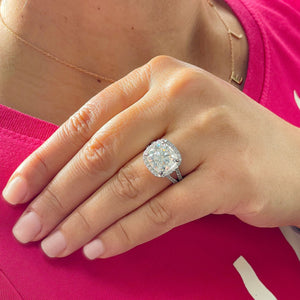Large 5.70 Carat Cushion and Round Cut Simulated Diamond Engagement Ring Bridal Wedding Halo Set in 14K Solid White Gold