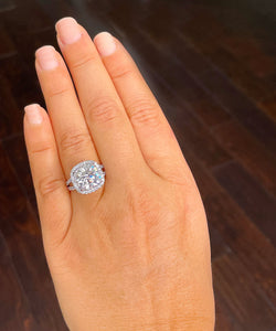 Large 5.70 Carat Cushion and Round Cut Simulated Diamond Engagement Ring Bridal Wedding Halo Set in 14K Solid White Gold