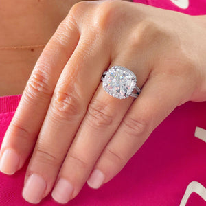 Large 5.70 Carat Cushion and Round Cut Simulated Diamond Engagement Ring Bridal Wedding Halo Set in 14K Solid White Gold
