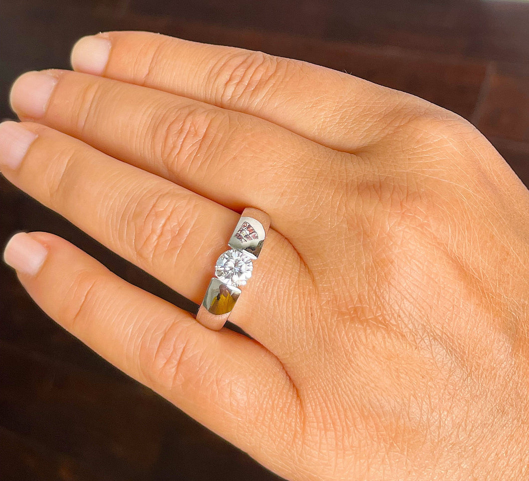 14k Solid And Heavy White Gold Round Cut Moissanite Engagement Ring Semi Tension Set Solitaire 1.00ctw