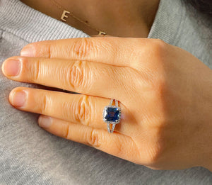 3.50 Carat Cushion Sapphire and Round Cut Simulated Diamonds Engagement Ring Bridal Wedding Set in 14K Solid White Gold