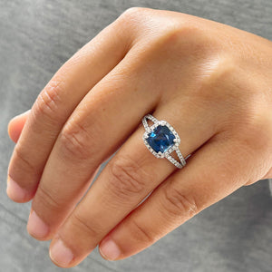 14k Solid White Gold Round Cut Blue Sapphire And Natural Diamonds Engagement Ring Halo, Bridal, Wedding 3.50ctw