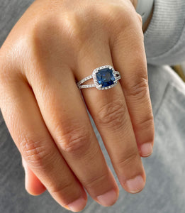 3.50 Carat Cushion Sapphire and Round Cut Simulated Diamonds Engagement Ring Bridal Wedding Set in 14K Solid White Gold