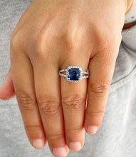 Load image into Gallery viewer, 3.50 Carat Cushion Sapphire and Round Cut Simulated Diamonds Engagement Ring Bridal Wedding Set in 14K Solid White Gold
