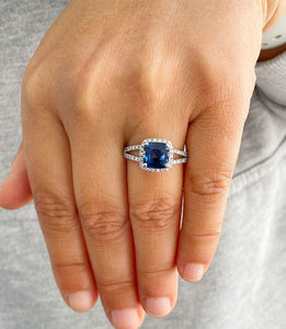 14k Solid White Gold Round Cut Blue Sapphire And Natural Diamonds Engagement Ring Halo, Bridal, Wedding 3.50ctw