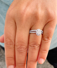 Load image into Gallery viewer, 14k Solid White Gold Oval and Round Cut Forever One Moissanite and Diamond Engagement Ring And Band Halo, Bridal, Wedding 1.80ctw
