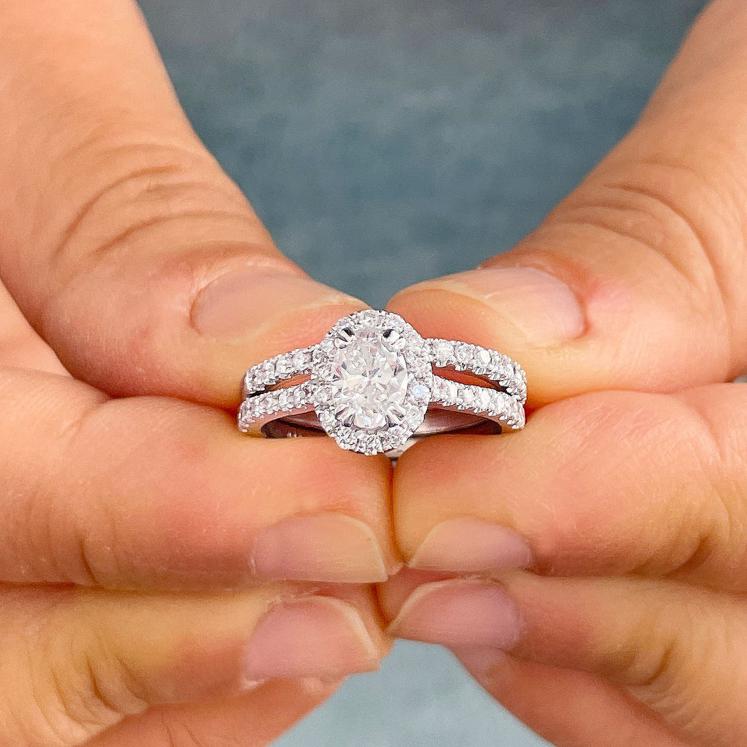14k Solid White Gold Oval and Round Cut Forever One Moissanite and Diamond Engagement Ring And Band Halo, Bridal, Wedding 1.80ctw