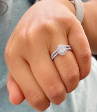 Load image into Gallery viewer, 14k Solid White Gold Oval and Round Cut Forever One Moissanite and Diamond Engagement Ring And Band Halo, Bridal, Wedding 1.80ctw
