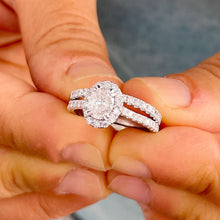 Load image into Gallery viewer, 14K Solid White Gold 1.80ct Oval and Round, Prong Deco Halo, Engagement Ring, Bridal Style, Simulated Diamond, Wedding Ring and Band Set
