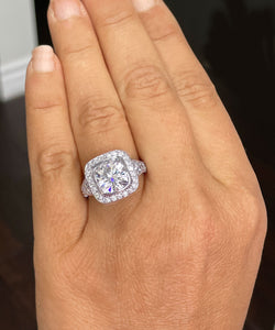 Huge and Heavy 14K Solid White Gold Cushion Cut Simulated Diamond Engagement Ring Bezel Set Halo Wedding Anniversary Round Cut 4.50ctw