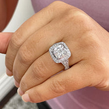 Load image into Gallery viewer, Huge and Heavy 14K Solid White Gold Cushion Cut Simulated Diamond Engagement Ring Bezel Set Halo Wedding Anniversary Round Cut 4.50ctw

