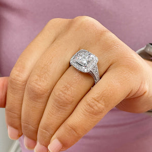 Huge and Heavy 14K Solid White Gold Cushion Cut Simulated Diamond Engagement Ring Bezel Set Halo Wedding Anniversary Round Cut 4.50ctw