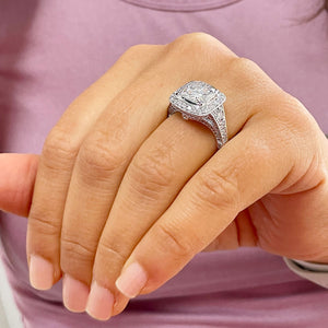 Huge and Heavy 14K Solid White Gold Cushion Cut Simulated Diamond Engagement Ring Bezel Set Halo Wedding Anniversary Round Cut 4.50ctw