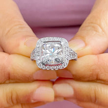 Load image into Gallery viewer, Huge and Heavy 14K Solid White Gold Cushion Cut Simulated Diamond Engagement Ring Bezel Set Halo Wedding Anniversary Round Cut 4.50ctw
