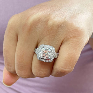 Huge and Heavy 14K Solid White Gold Cushion Cut Simulated Diamond Engagement Ring Bezel Set Halo Wedding Anniversary Round Cut 4.50ctw