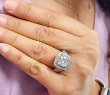 Load image into Gallery viewer, Huge and Heavy 14K Solid White Gold Cushion Cut Simulated Diamond Engagement Ring Bezel Set Halo Wedding Anniversary Round Cut 4.50ctw
