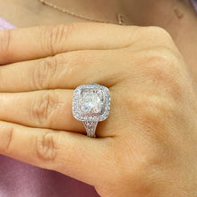 Load image into Gallery viewer, Huge and Heavy 14K Solid White Gold Cushion Cut Simulated Diamond Engagement Ring Bezel Set Halo Wedding Anniversary Round Cut 4.50ctw
