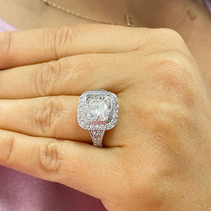 Huge and Heavy 14K Solid White Gold Cushion Cut Simulated Diamond Engagement Ring Bezel Set Halo Wedding Anniversary Round Cut 4.50ctw