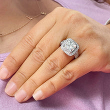 Load image into Gallery viewer, Huge and Heavy 14K Solid White Gold Cushion Cut Simulated Diamond Engagement Ring Bezel Set Halo Wedding Anniversary Round Cut 4.50ctw
