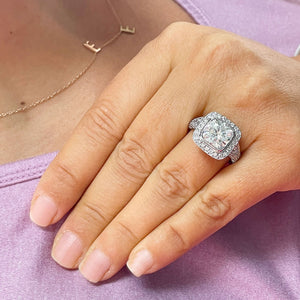 Huge and Heavy 14K Solid White Gold Cushion Cut Simulated Diamond Engagement Ring Bezel Set Halo Wedding Anniversary Round Cut 4.50ctw