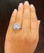 Load image into Gallery viewer, Huge and Heavy 14K Solid White Gold Cushion Cut Simulated Diamond Engagement Ring Bezel Set Halo Wedding Anniversary Round Cut 4.50ctw
