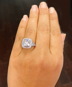 Huge and Heavy 14K Solid White Gold Cushion Cut Simulated Diamond Engagement Ring Bezel Set Halo Wedding Anniversary Round Cut 4.50ctw