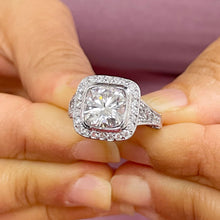 Load image into Gallery viewer, Huge and Heavy 14K Solid White Gold Cushion Cut Simulated Diamond Engagement Ring Bezel Set Halo Wedding Anniversary Round Cut 4.50ctw
