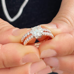 14K Solid Rose Gold Cushion And Round Cut Simulated Diamond Engagement Ring And Band Bridal Set Wedding Set Halo Propose 2.10ct