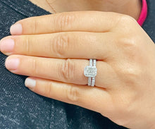 Load image into Gallery viewer, 14k Solid White Gold Emerald And Round Cut Simulated Diamond Engagement Ring And Band Halo Bridal Wedding Set 2.00ct
