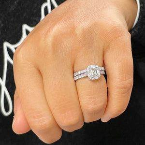 14k Solid White Gold Emerald Cut Moissanite And Round Cut Natural Diamond Engagement Ring And Band Halo Bridal Wedding 1.80ct