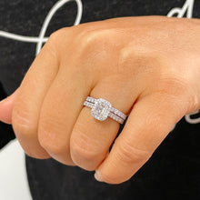 Load image into Gallery viewer, 14k Solid White Gold Emerald And Round Cut Simulated Diamond Engagement Ring And Band Halo Bridal Wedding Set 2.00ct
