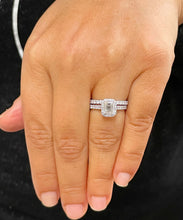 Load image into Gallery viewer, 14k Solid White Gold Emerald And Round Cut Simulated Diamond Engagement Ring And Band Halo Bridal Wedding Set 2.00ct
