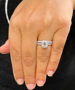 14k Solid White Gold Emerald And Round Cut Simulated Diamond Engagement Ring And Band Halo Bridal Wedding Set 2.00ct