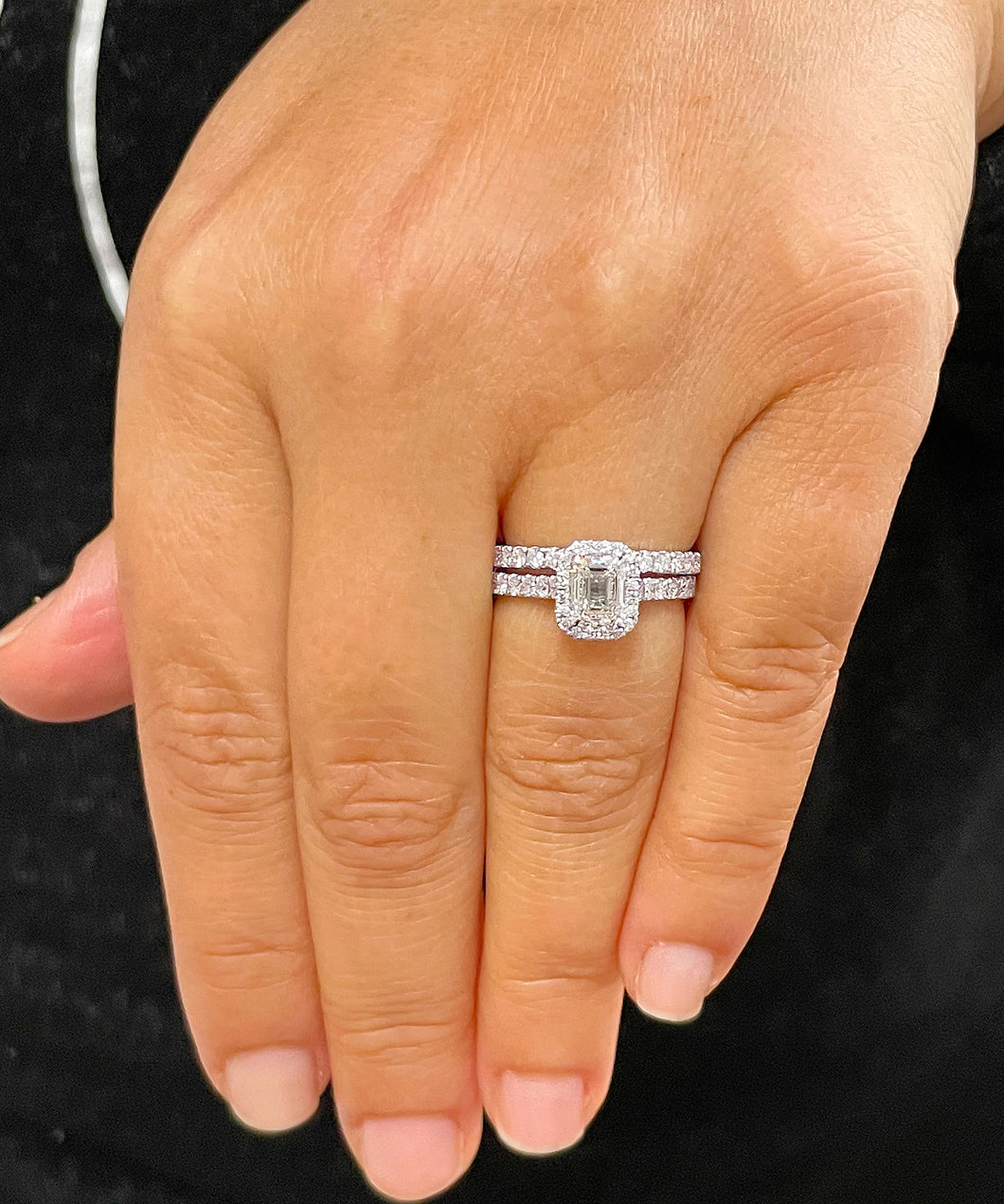 14k Solid White Gold Emerald And Round Cut Simulated Diamond Engagement Ring And Band Halo Bridal Wedding Set 2.00ct