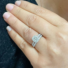 Load image into Gallery viewer, 14k Solid White Gold Emerald And Round Cut Simulated Diamond Engagement Ring And Band Halo Bridal Wedding Set 2.00ct
