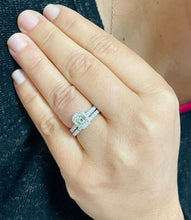Load image into Gallery viewer, 14k Solid White Gold Emerald And Round Cut Simulated Diamond Engagement Ring And Band Halo Bridal Wedding Set 2.00ct
