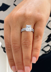 Women's Large 5.70ctw 14k Solid White Gold Radiant Simulated Diamond Engagement Ring And Band Set
