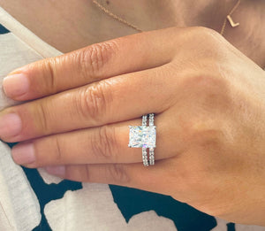 Women's Large 5.70ctw 14k Solid White Gold Radiant Simulated Diamond Engagement Ring And Band Set