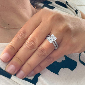 Women's Large 5.70ctw 14k Solid White Gold Radiant Simulated Diamond Engagement Ring And Band Set