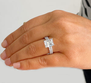 Women's Large 5.70ctw 14k Solid White Gold Radiant Simulated Diamond Engagement Ring And Band Set