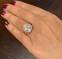 Load image into Gallery viewer, LARGE 14k Solid Rose Gold Cushion And Round Cut Simulated Diamond Engagement Ring Bezel Bridal Wedding Halo 3.50ctw

