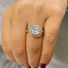 Load image into Gallery viewer, LARGE 14k Solid Rose Gold Cushion And Round Cut Simulated Diamond Engagement Ring Bezel Bridal Wedding Halo 3.50ctw
