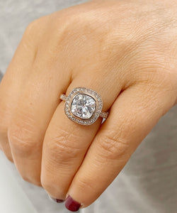 LARGE 14k Solid Rose Gold Cushion And Round Cut Simulated Diamond Engagement Ring Bezel Bridal Wedding Halo 3.50ctw