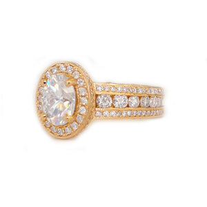 14K Solid And Heavy Rose Gold 4.00ct Oval and Round, Prong Halo, Engagement Ring, Bridal Set, Simulated Diamond