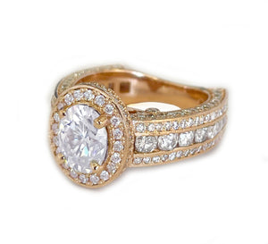 14K Solid Rose Gold Oval Cut Moissanite And Natural Round cut Diamond Engagement Ring Deco, Halo, Bridal 4.00ct