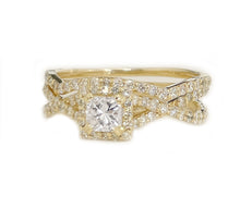 Load image into Gallery viewer, 1.50 Carat Princess Cut Simulated Diamond Engagement Ring And Band Bridal Set Wedding Halo 14k Solid Yellow Gold
