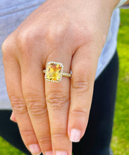 Load image into Gallery viewer, 14K Solid Yellow Gold Cushion Cut Yellow Citrine Simulated Diamond Engagement Ring Prong Set lots of shine and luster round cut sides 4.75ct

